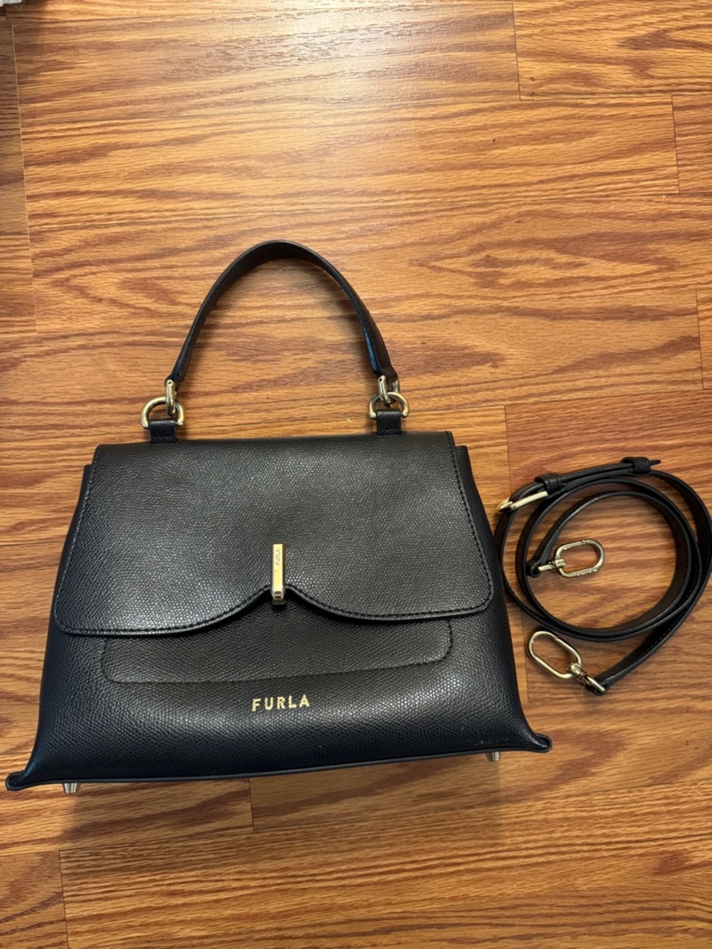 Furla Black Leather Top-Handle Satchel with Gold Hardware